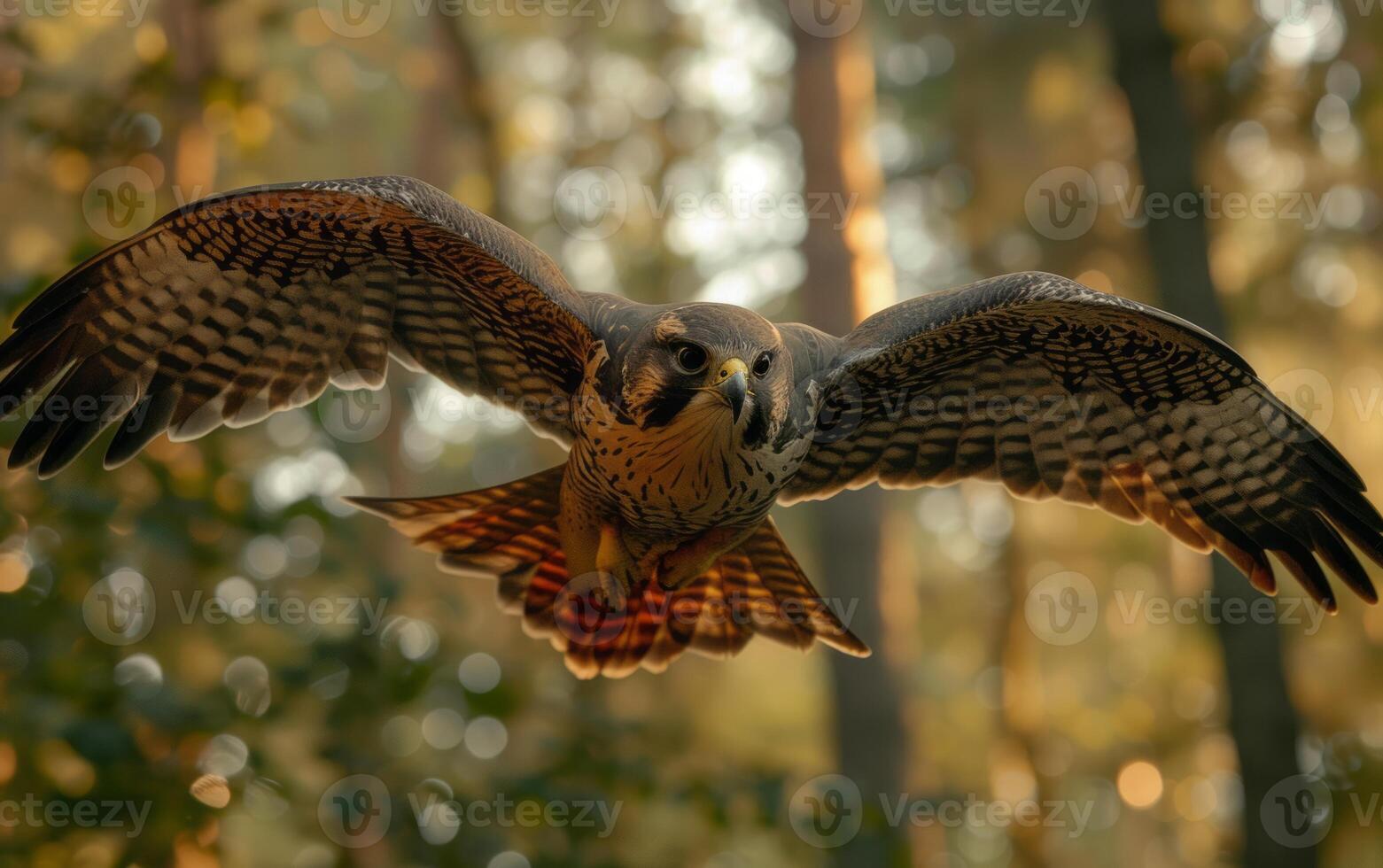 AI generated In the golden light of dusk, a peregrine falcon soars with outstretched wings photo