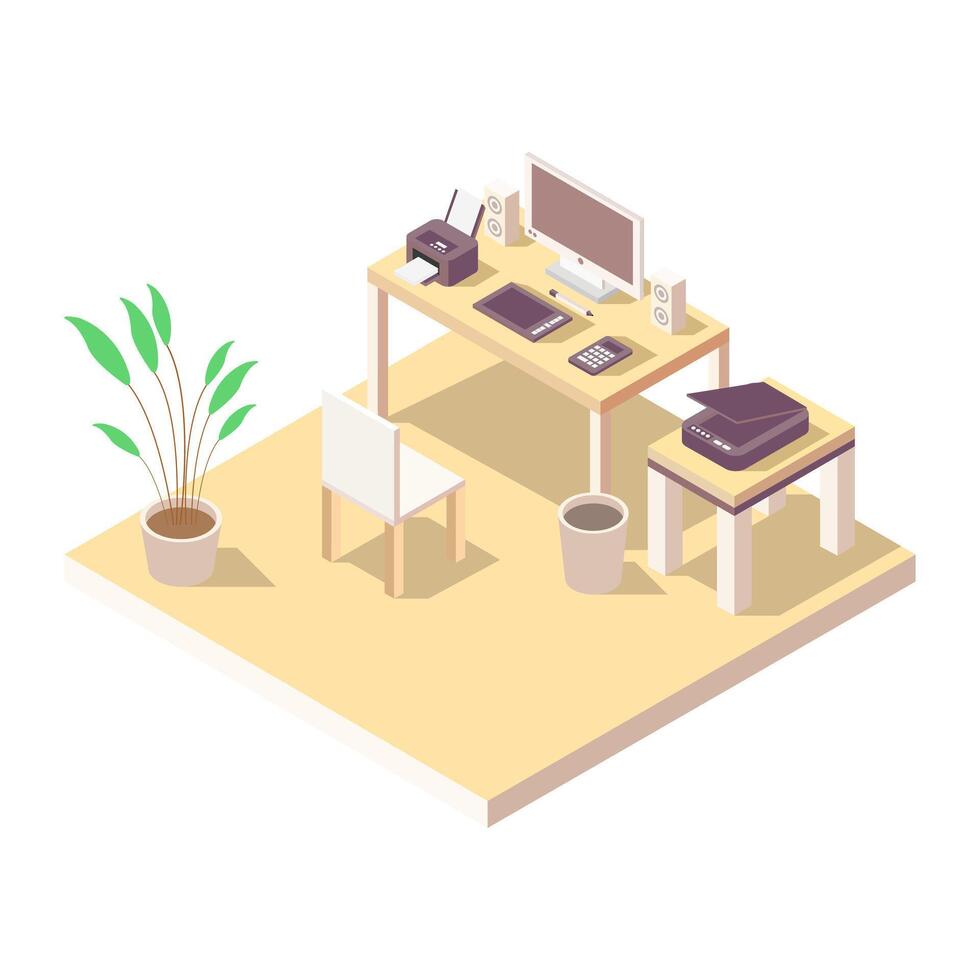 Illustrated isometric office desk vector