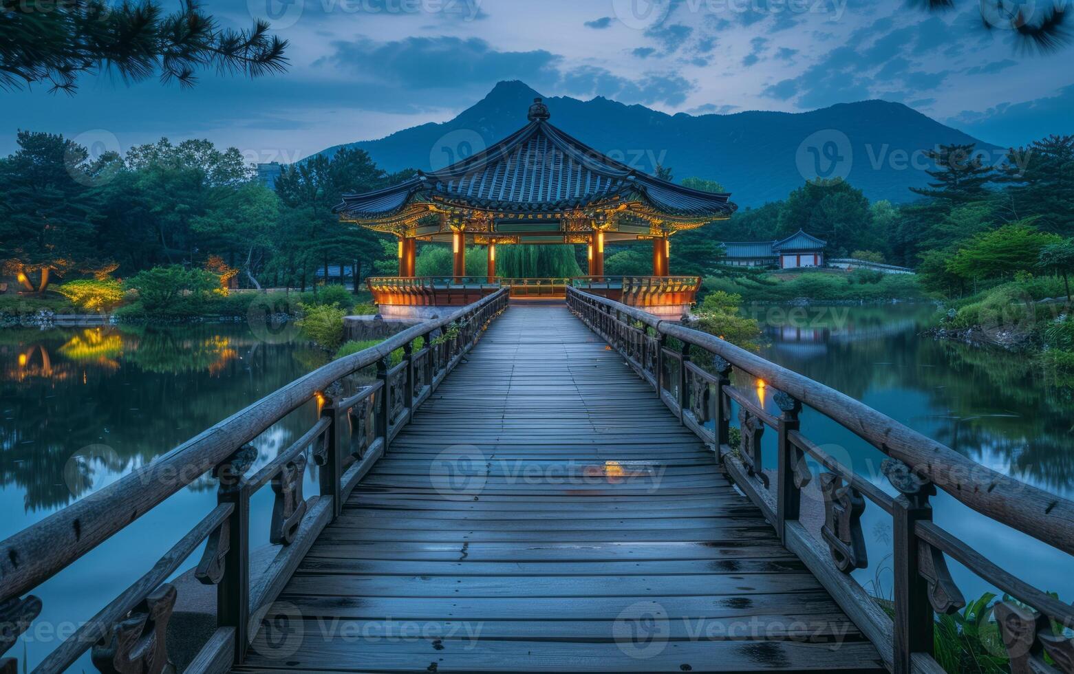 AI generated Twilight Serenity at Traditional Korean Pavilion photo