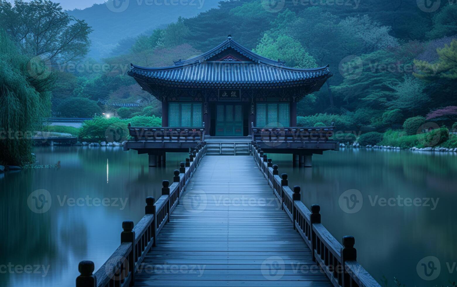 AI generated Tranquil Lakeside Pavilion at Dusk photo