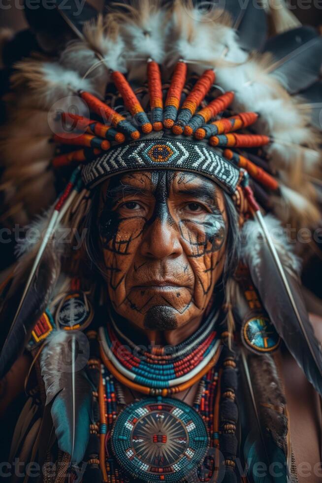 AI generated Portrait of a Man in Traditional Native American Attire photo