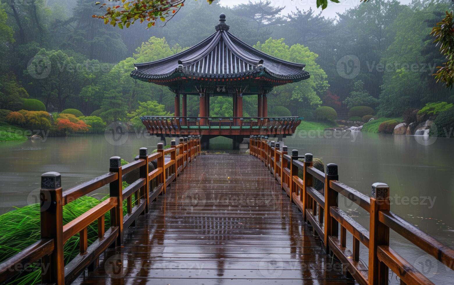AI generated Serene Lakeside Pavilion on Rainy Day photo