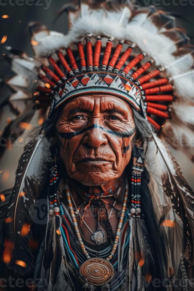 AI generated Elderly Man in Traditional Native American Headdress photo