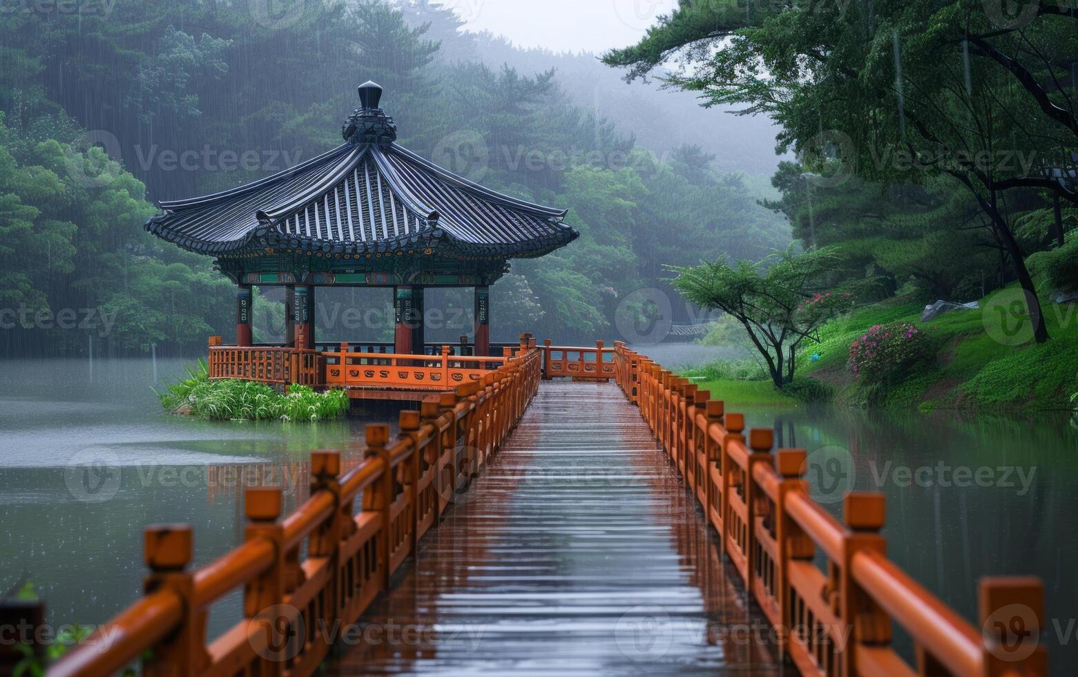 AI generated Serene Lakeside Pavilion on a Rainy Day photo