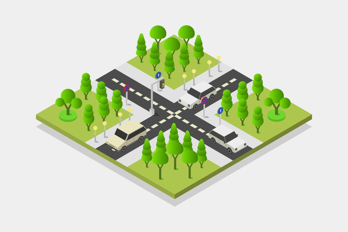 Illustrated isometric road intersection vector