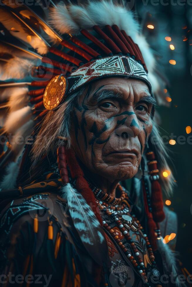 AI generated An esteemed Native American elder, adorned with a traditional headdress and regalia photo