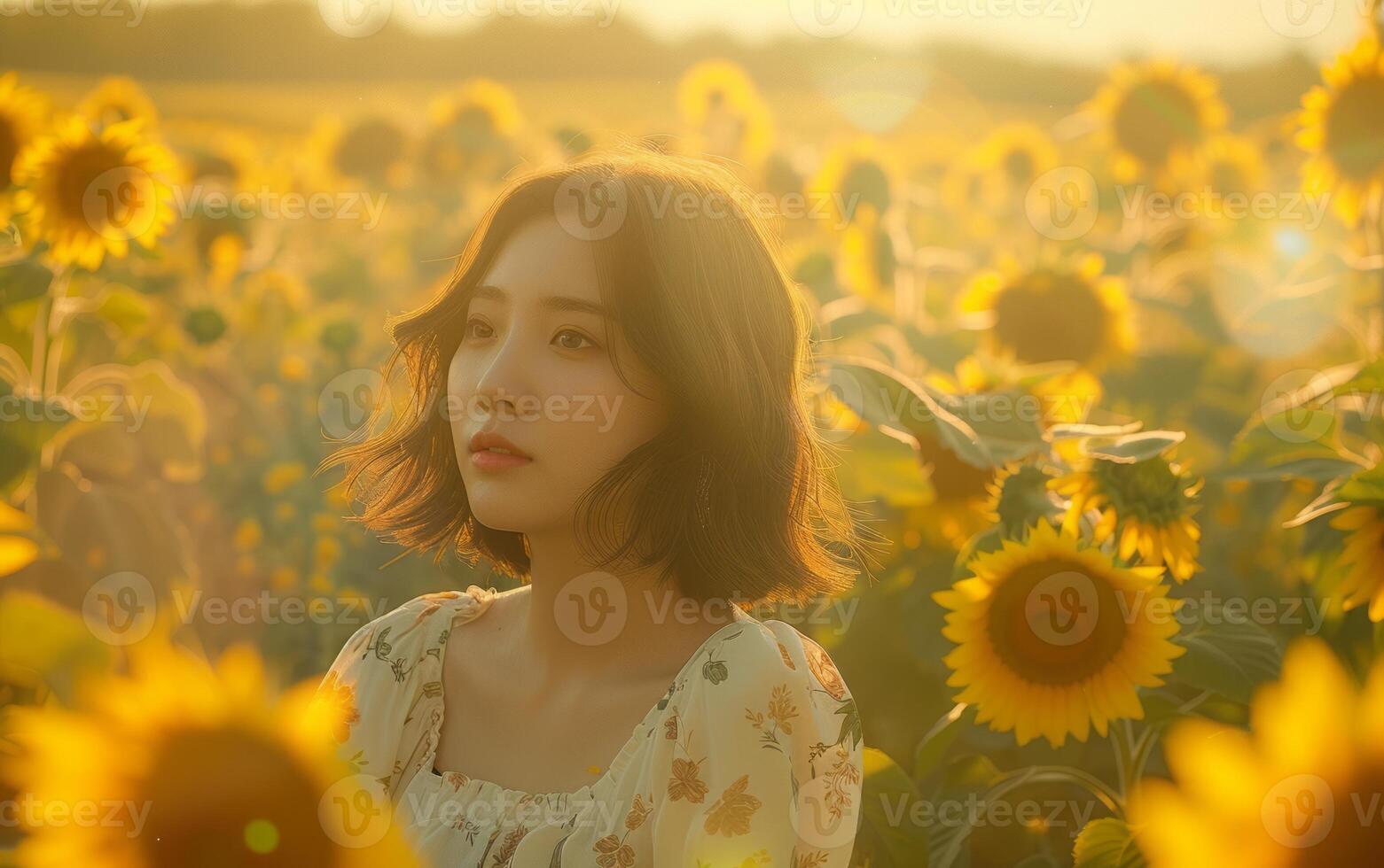 AI generated Sunset Glow over Sunflower Field with Woman photo