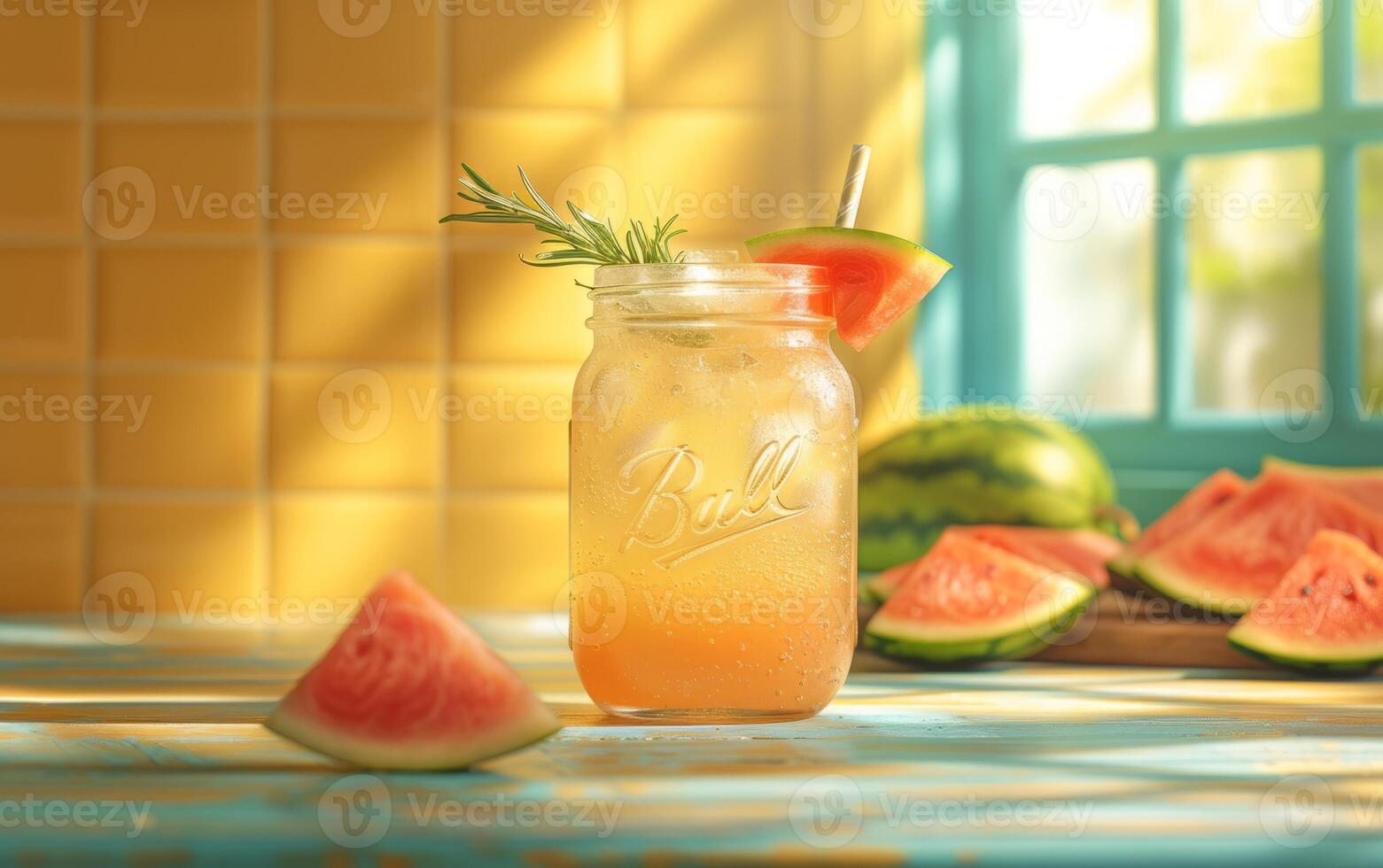 AI generated Summer Refreshment - Watermelon Drink in Mason Jar photo