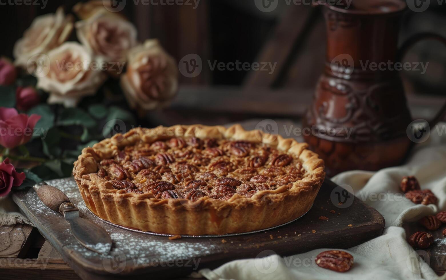 AI generated A freshly baked pecan pie exudes homespun charm, set against a backdrop of soft roses photo