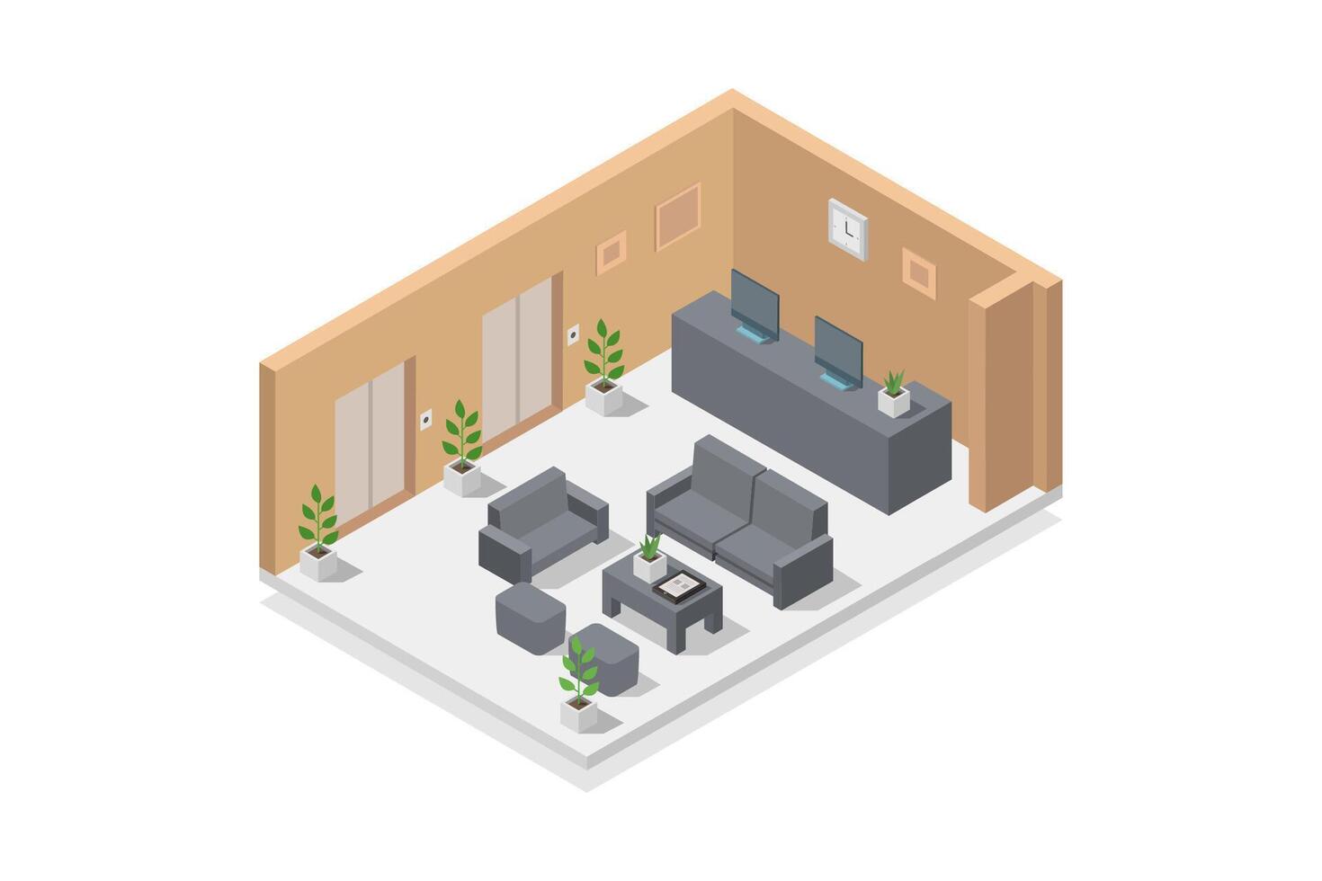 Illustrated isometric hotel reception vector