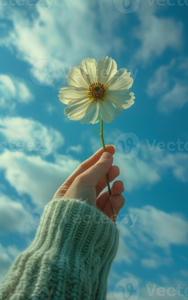 ai generado un mano ascensores un soltero flor hacia un vibrante azul cielo punteado con nubes foto