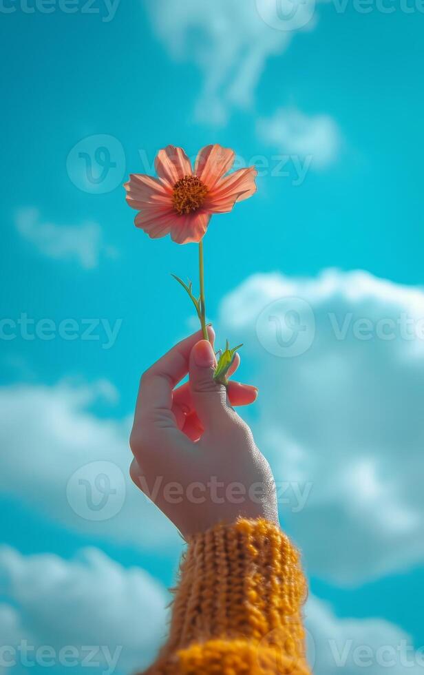 ai generado un mano ascensores un soltero flor hacia un vibrante azul cielo punteado con nubes foto