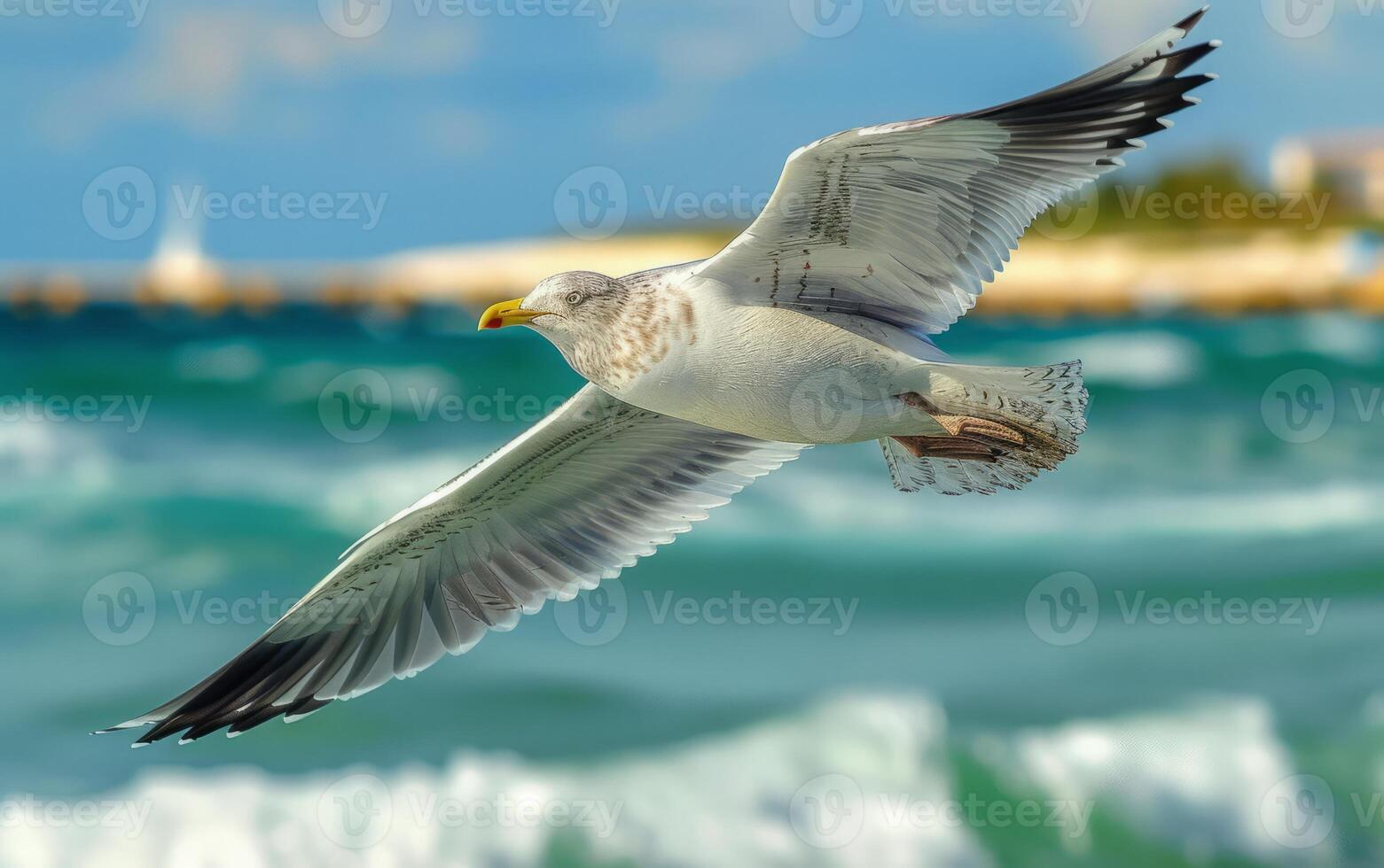 AI generated A seagull glides over the churning sea, a masterful display of avian grace and freedom photo