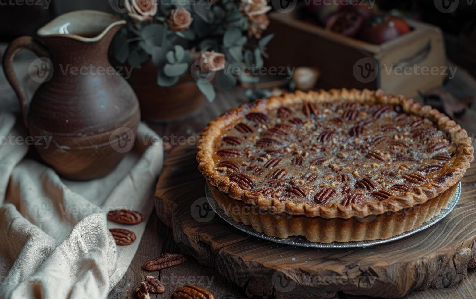 AI generated A freshly baked pecan pie exudes homespun charm, set against a backdrop of soft roses photo