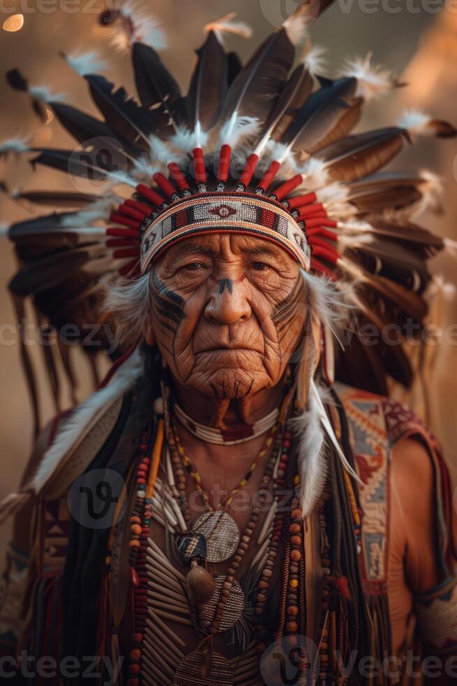 AI generated An esteemed Native American elder, adorned with a traditional headdress and regalia photo