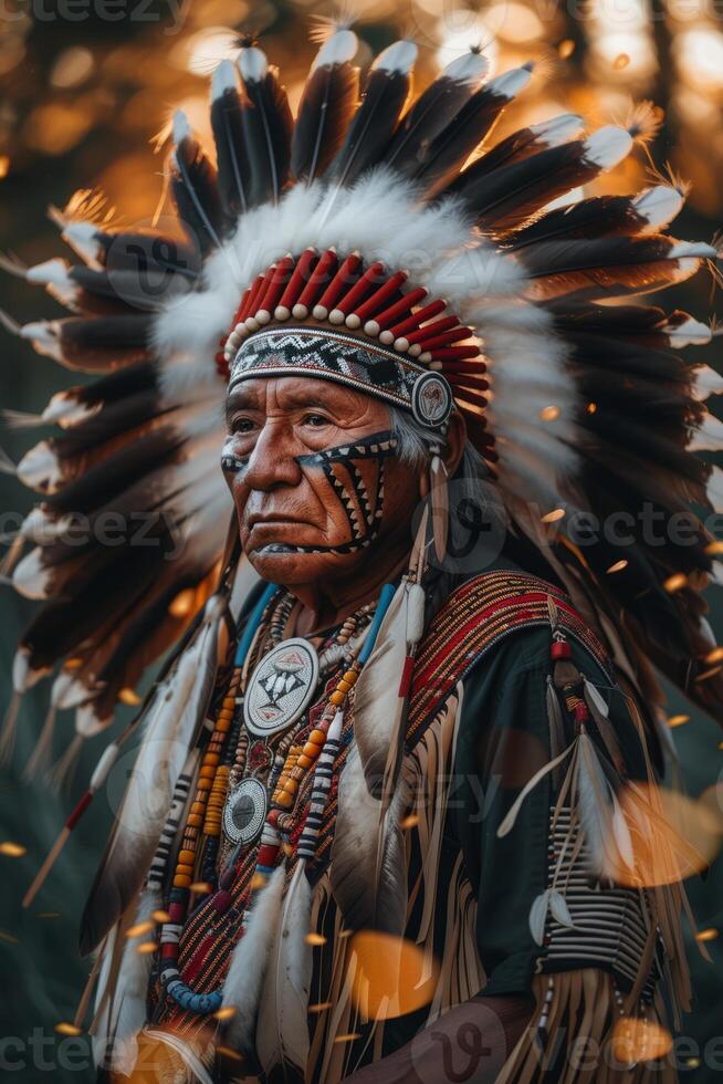 AI generated An esteemed Native American elder, adorned with a traditional headdress and regalia photo