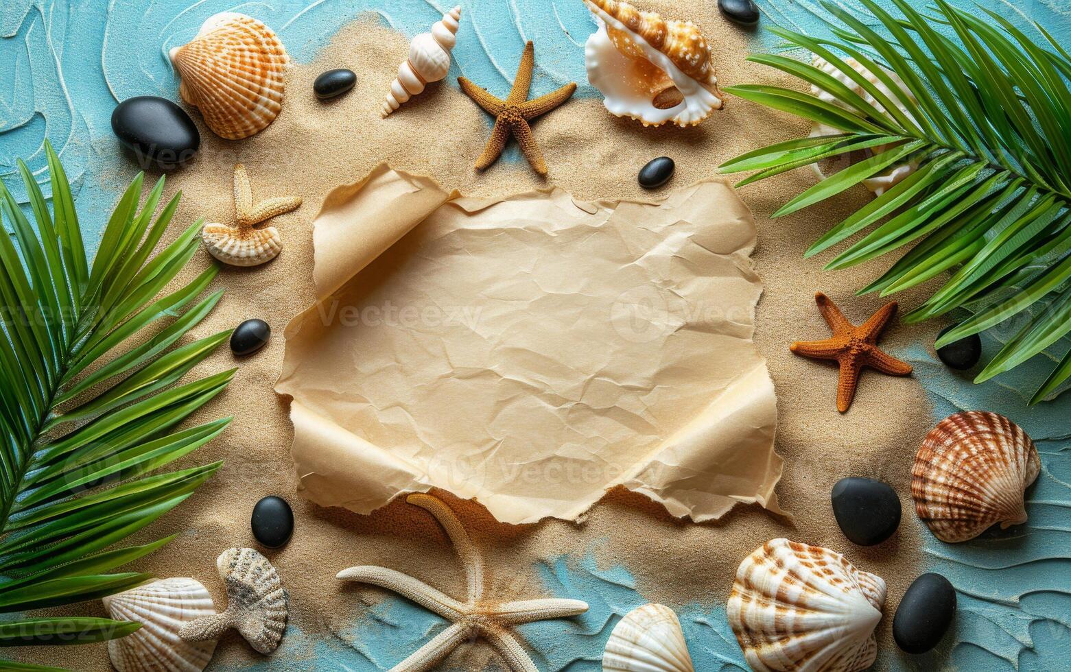 AI generated An overhead view of a summer beach-themed backdrop, featuring a blank paper scroll for mockup designs photo