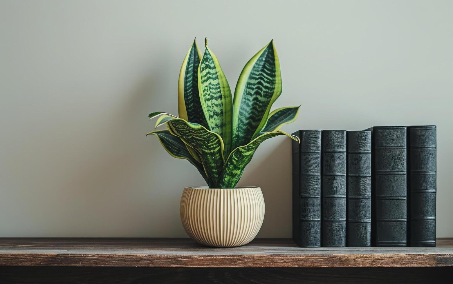 AI generated A potted snake plant adds a touch of greenery to a minimalist shelf arrangement photo