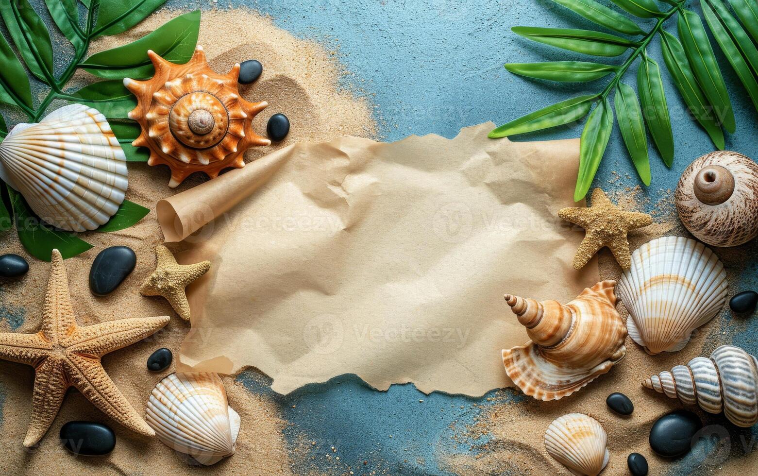 AI generated An overhead view of a summer beach-themed backdrop, featuring a blank paper scroll for mockup designs photo