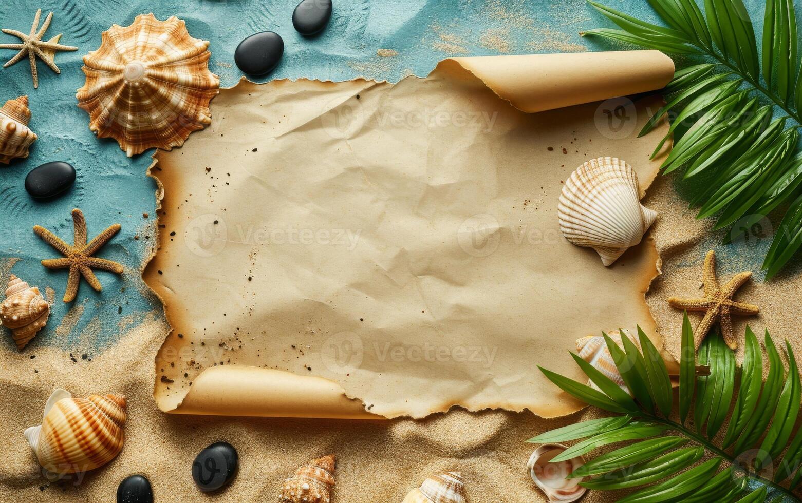 AI generated An overhead view of a summer beach-themed backdrop, featuring a blank paper scroll for mockup designs photo