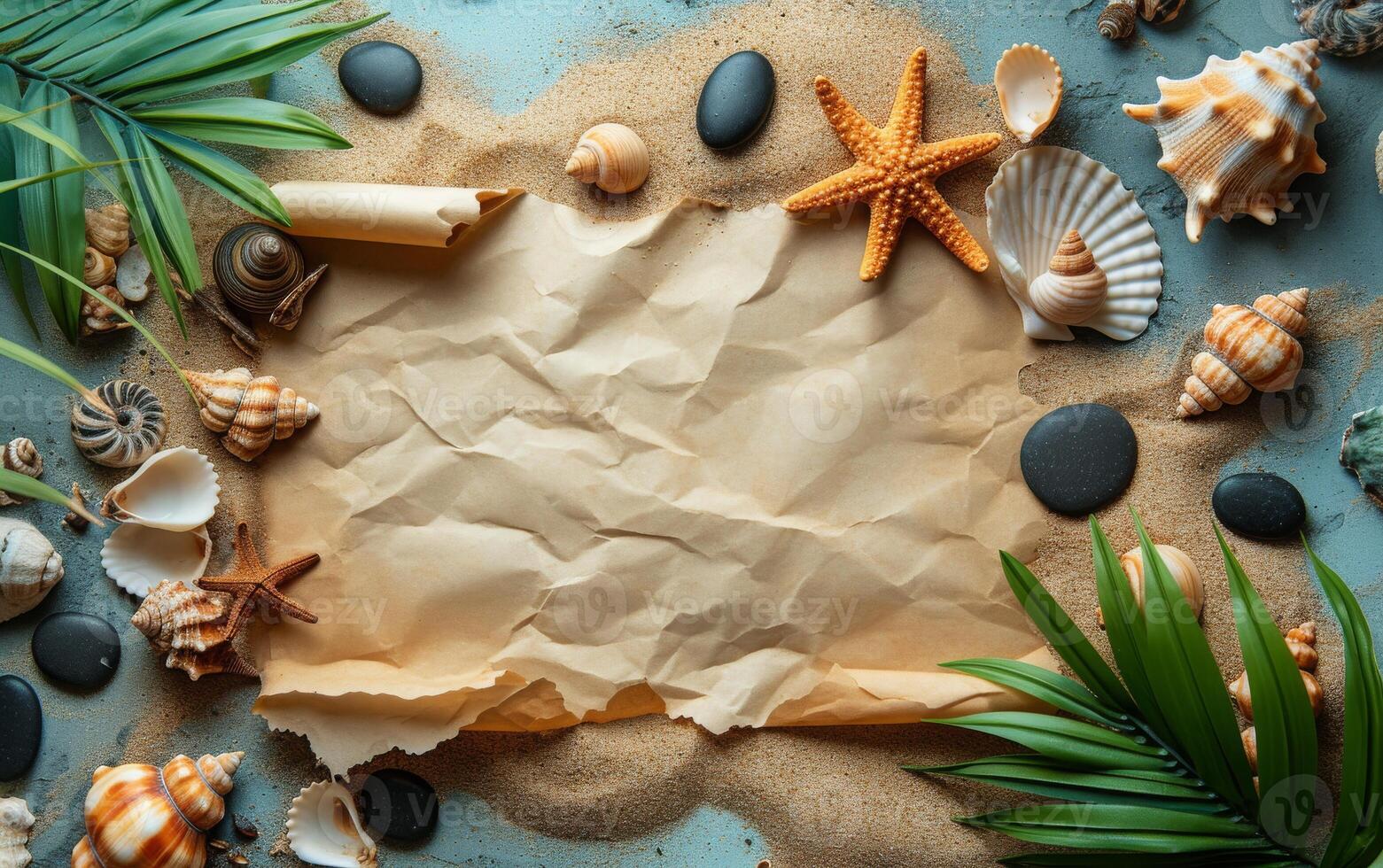 AI generated An overhead view of a summer beach-themed backdrop, featuring a blank paper scroll for mockup designs photo