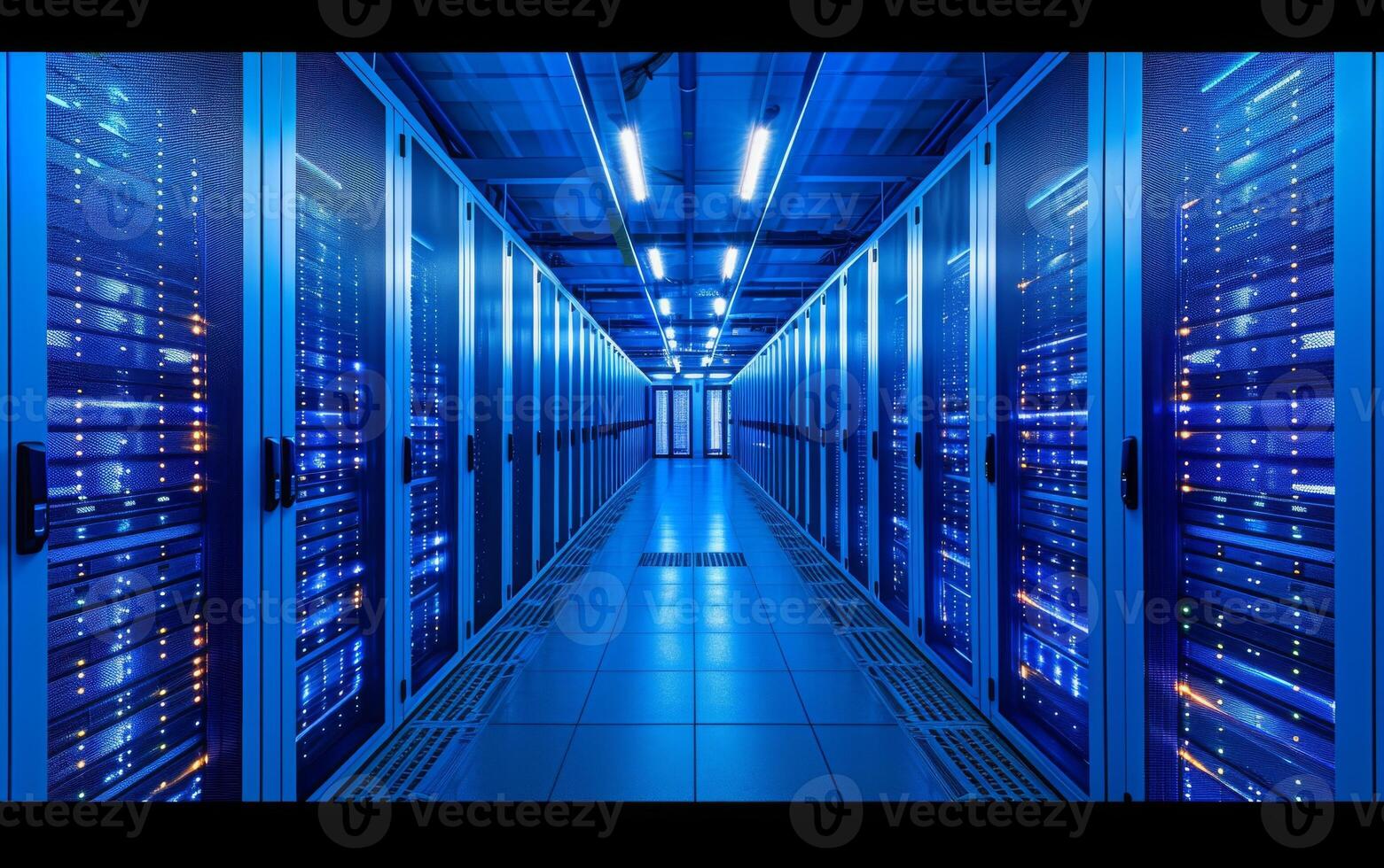 AI generated The symmetrical view of a data center with illuminated server racks photo