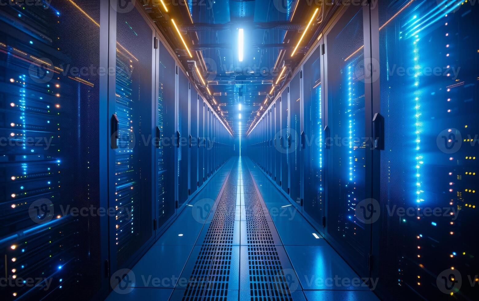 AI generated The symmetrical view of a data center with illuminated server racks photo