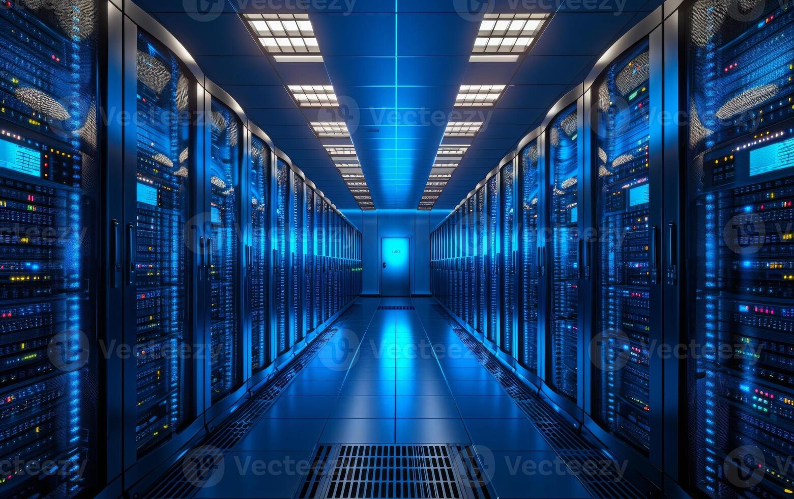 AI generated The symmetrical view of a data center with illuminated server racks photo