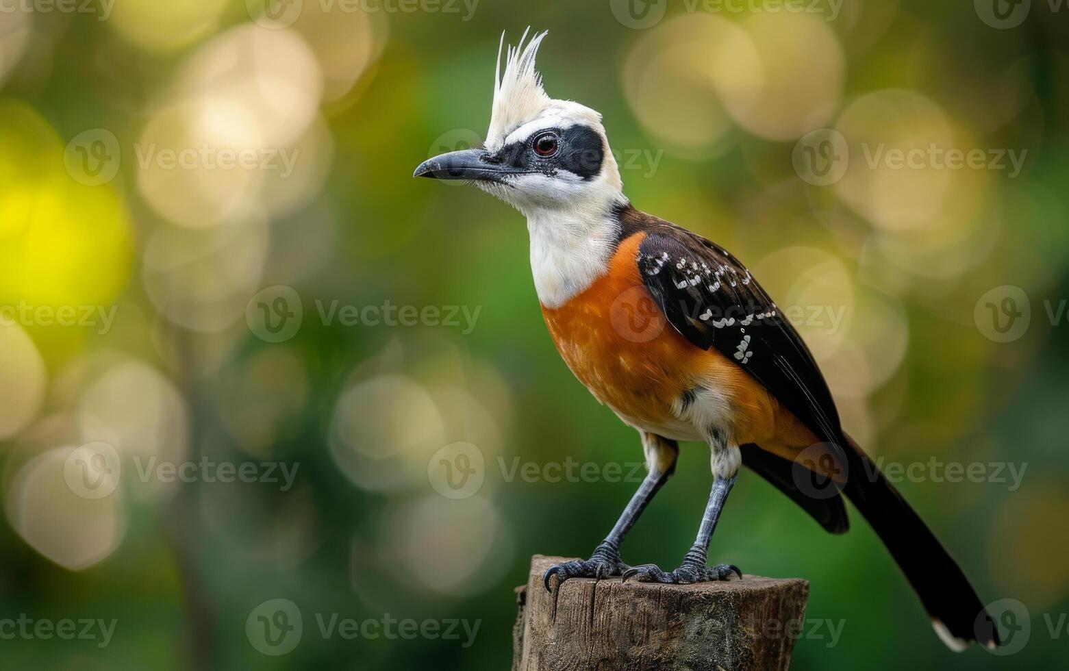 AI generated A striking White crested Laughingthrush perched on a tree stump photo