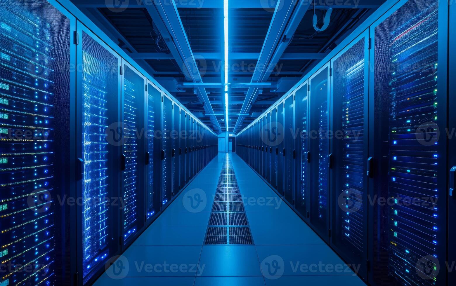 AI generated The symmetrical view of a data center with illuminated server racks photo