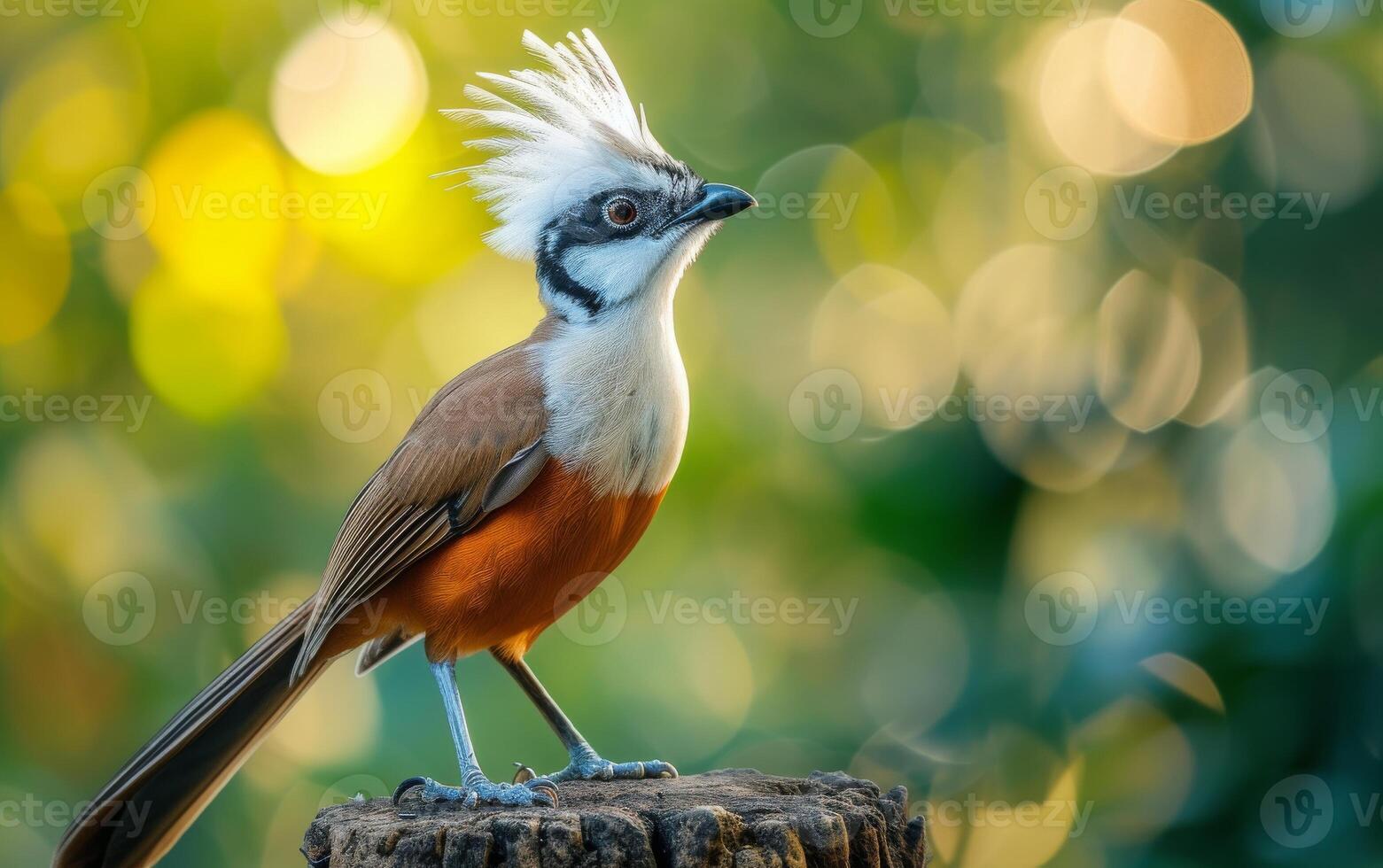 AI generated A striking White crested Laughingthrush perched on a tree stump photo