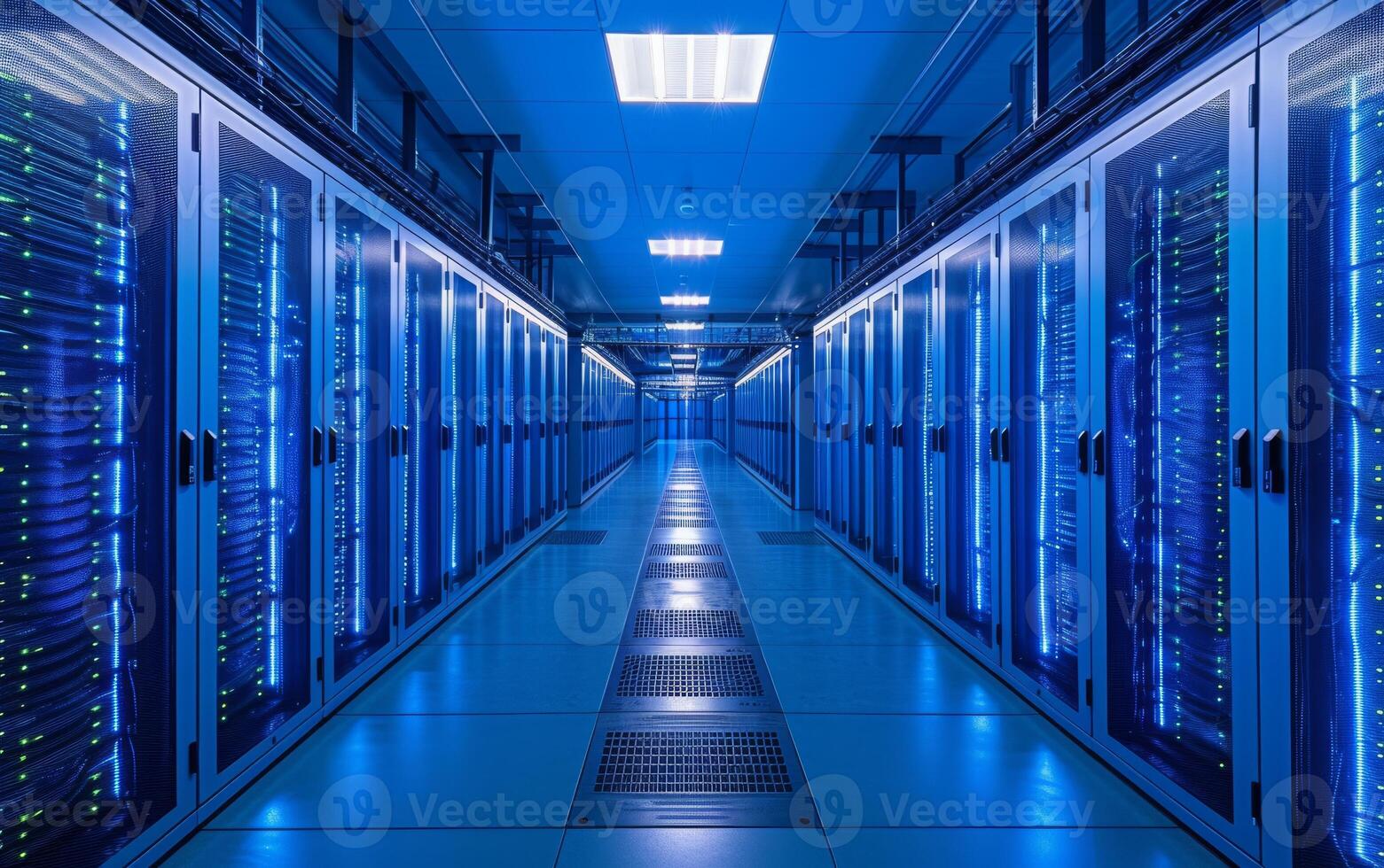 AI generated The symmetrical view of a data center with illuminated server racks photo