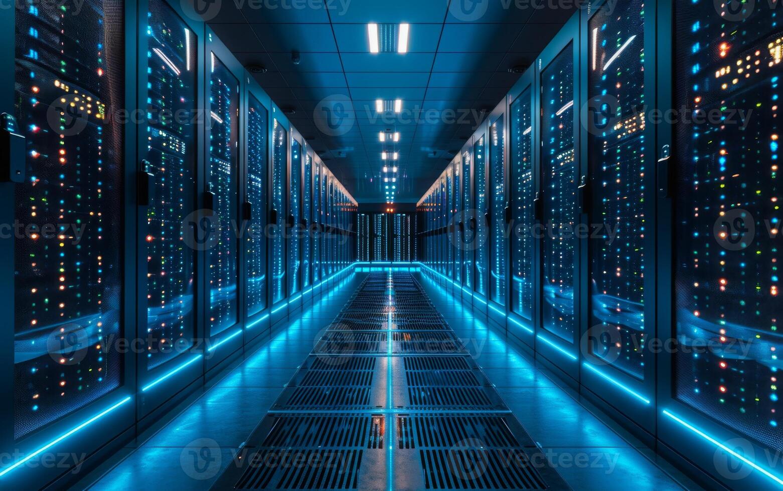 AI generated The symmetrical view of a data center with illuminated server racks photo