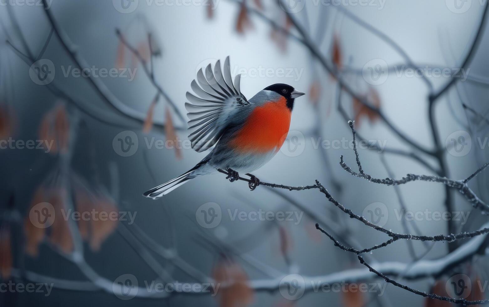 AI generated Bullfinch Bird in Flight at Dusk photo