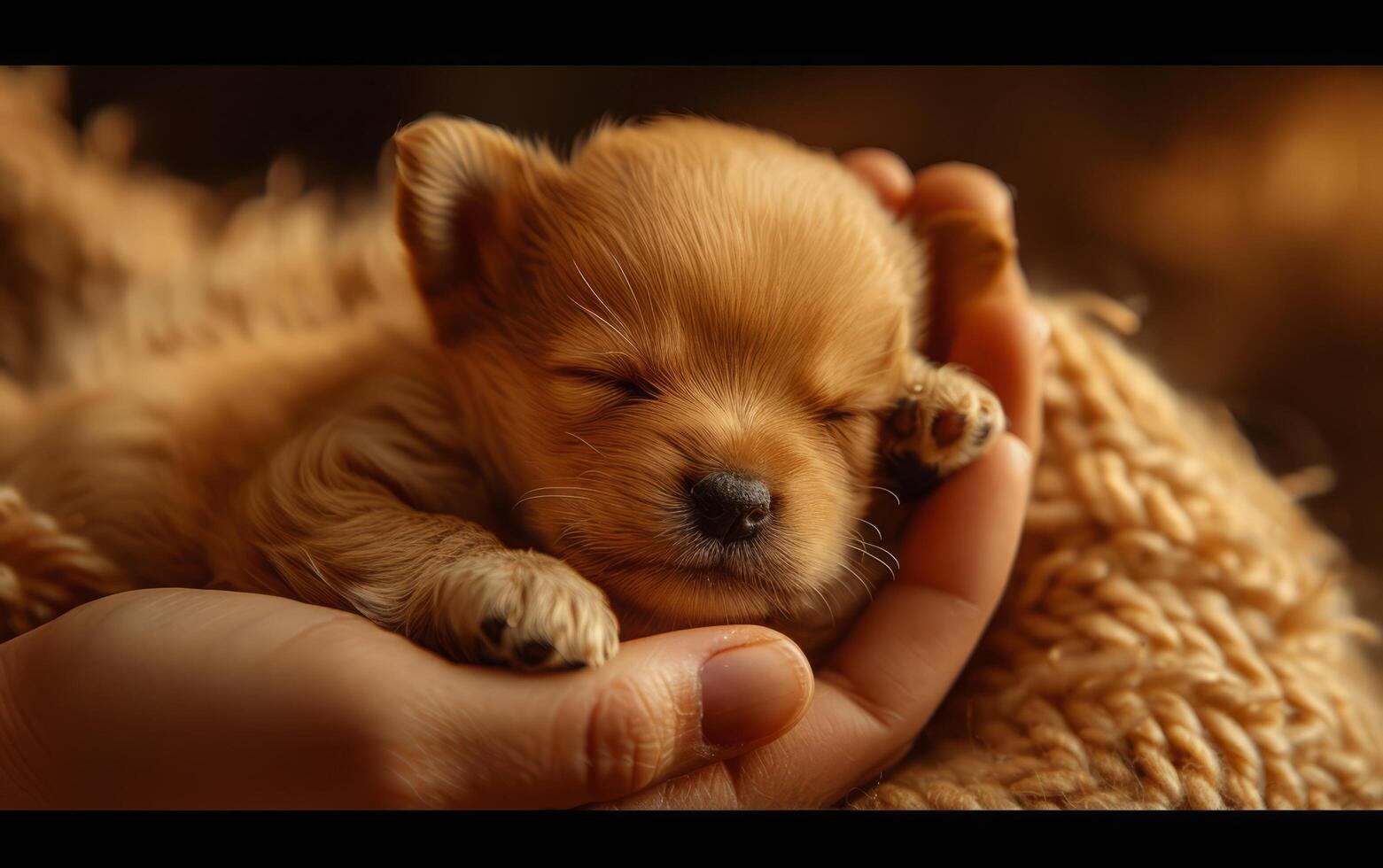 AI generated A tiny, newborn puppy sleeps snugly in the caring cradle of human hands photo