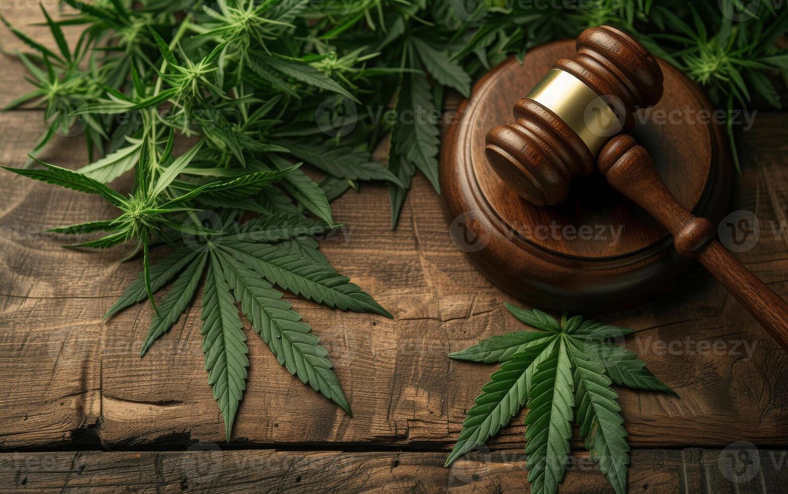 AI generated A symbolic representation of cannabis law with a wooden judge gavel and cannabis leaves photo