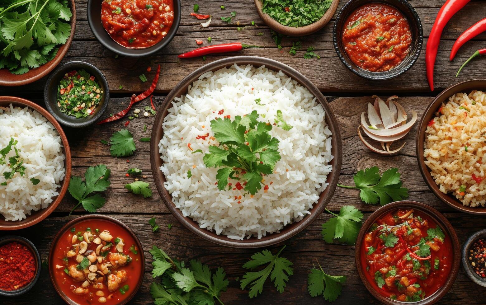 AI generated A bowl of cooked white rice surrounded by an assortment of vibrant spices and herbs photo