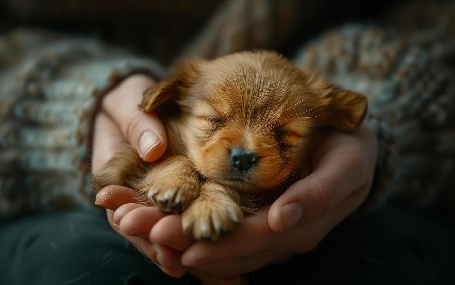 AI generated A tiny, newborn puppy sleeps snugly in the caring cradle of human hands photo