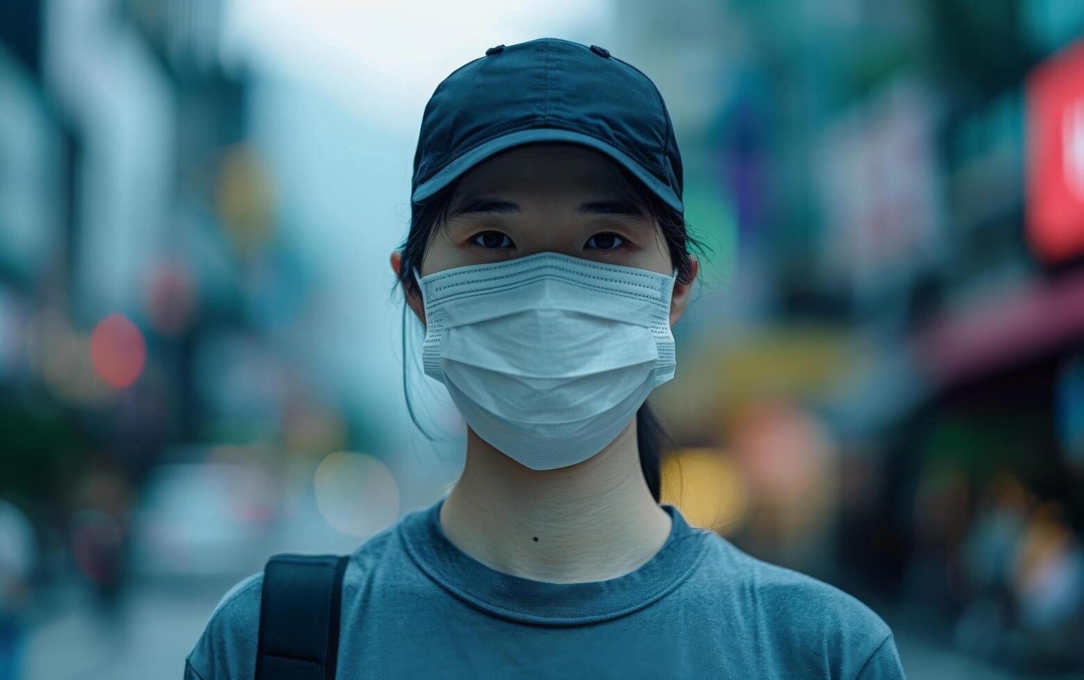 AI generated A woman expressive eyes captivate above a face mask, blurred hustle of city life in the background photo