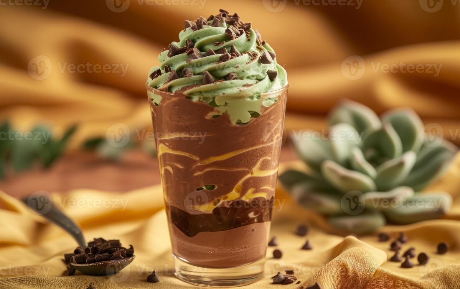 AI generated A tall glass showcases layers of rich chocolate and mint cream topped with chocolate shavings photo