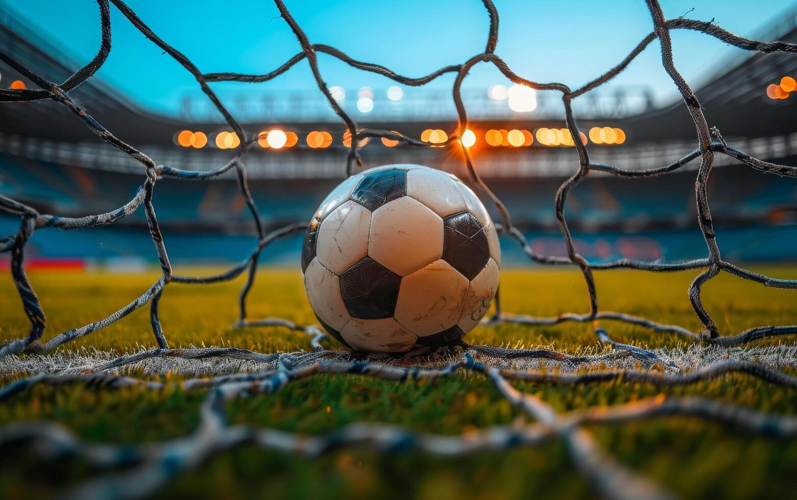 ai generado un cerca arriba ver de un desgastado fútbol pelota anidado en el objetivo red foto