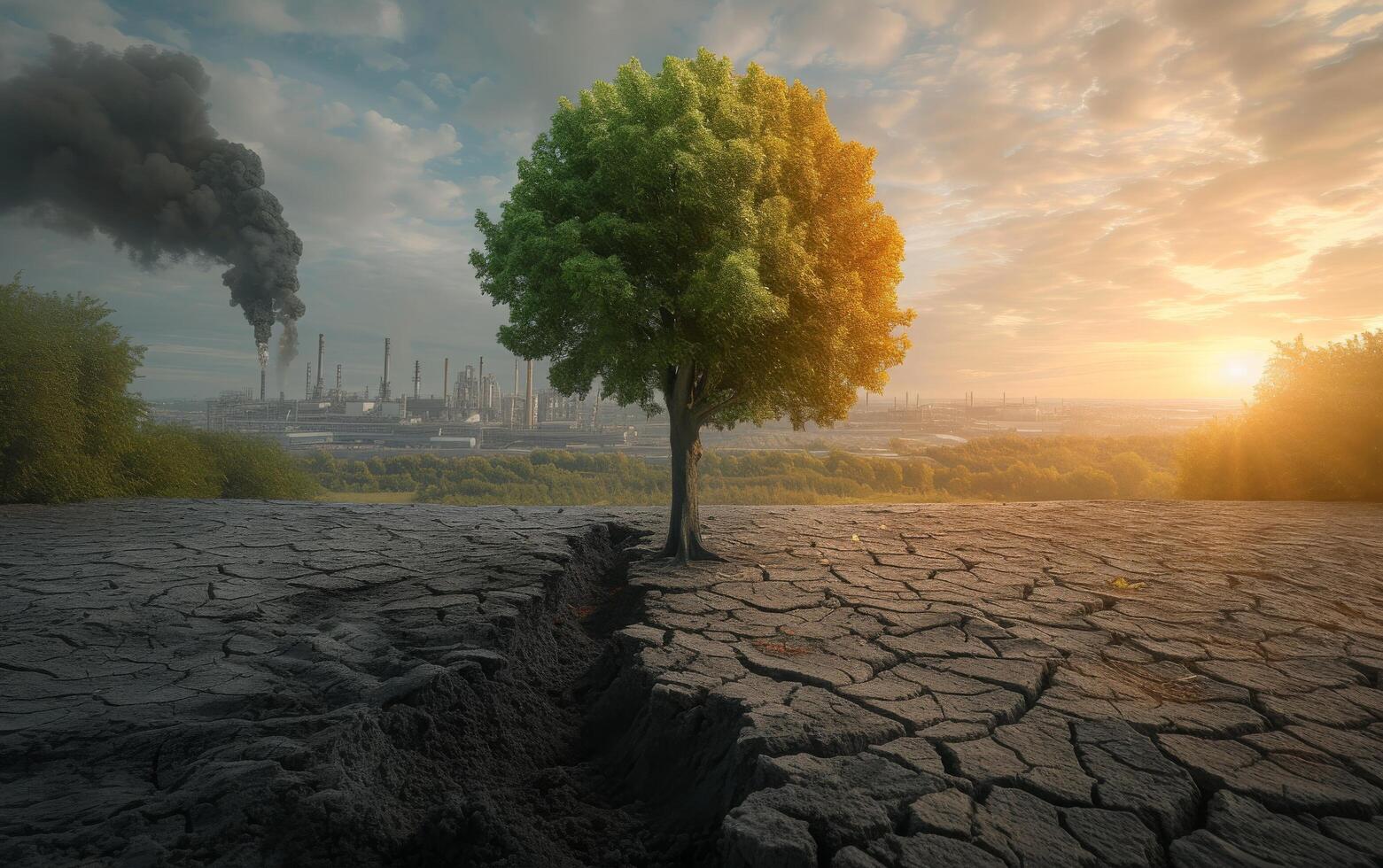 ai generado un soltero lozano verde árbol soportes en el Perímetro de un agrietado, estéril tierra y un vibrante herboso campo foto