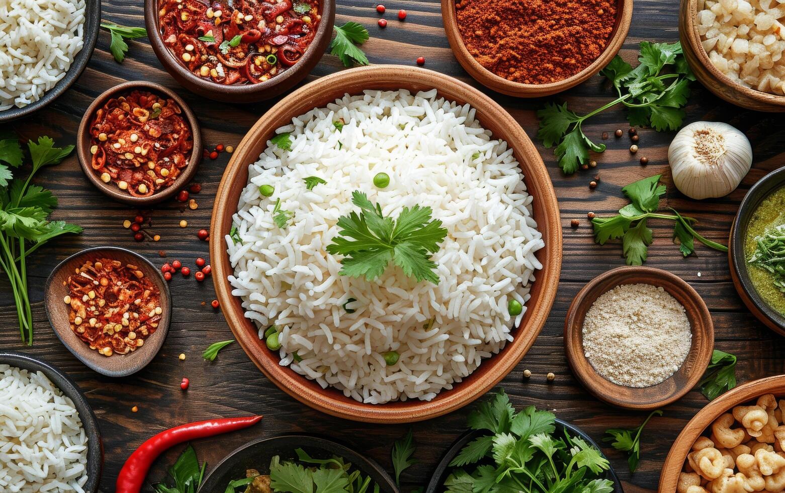 AI generated A bowl of cooked white rice surrounded by an assortment of vibrant spices and herbs photo