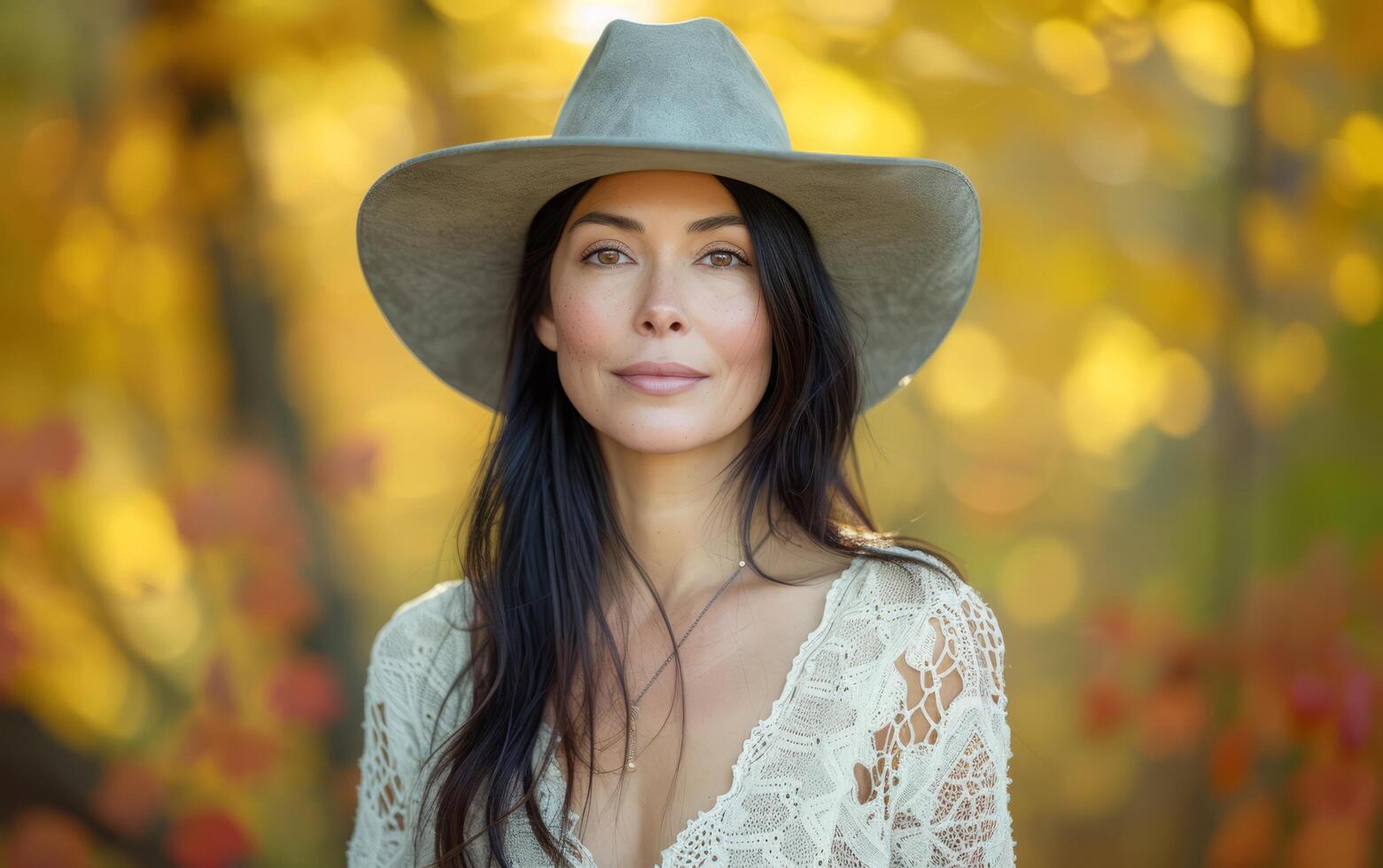 ai generado capturado en un dorado otoño brillo, un mujer con tono oliva piel y largo, oscuro pelo sonrisas sutilmente foto