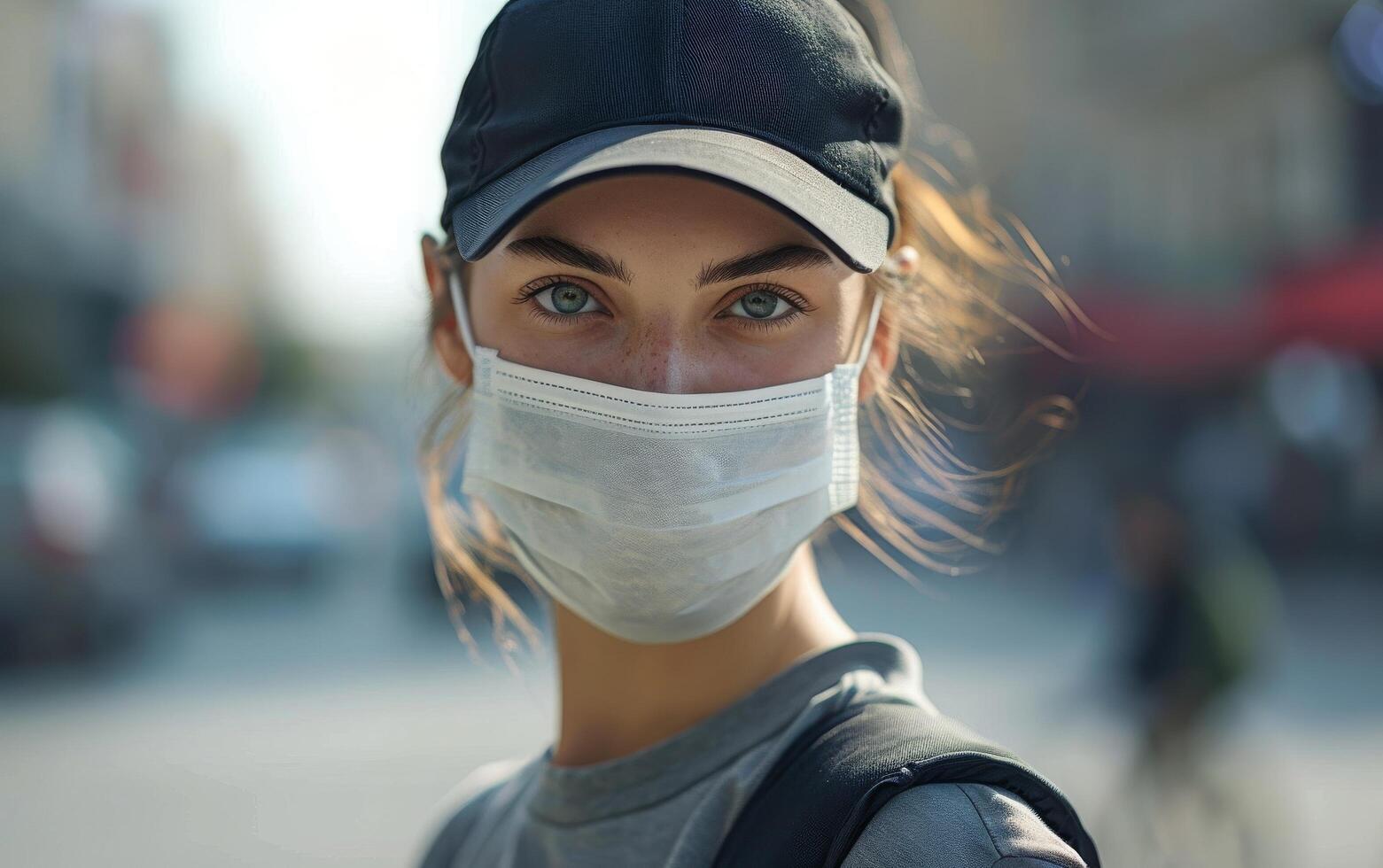 AI generated A woman expressive eyes captivate above a face mask, blurred hustle of city life in the background photo