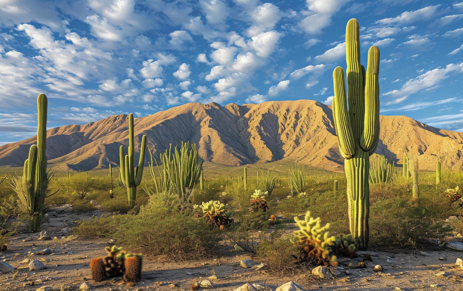 AI generated Tall saguaro cacti dominate the desert landscape with a backdrop of a mountain range at sunset photo