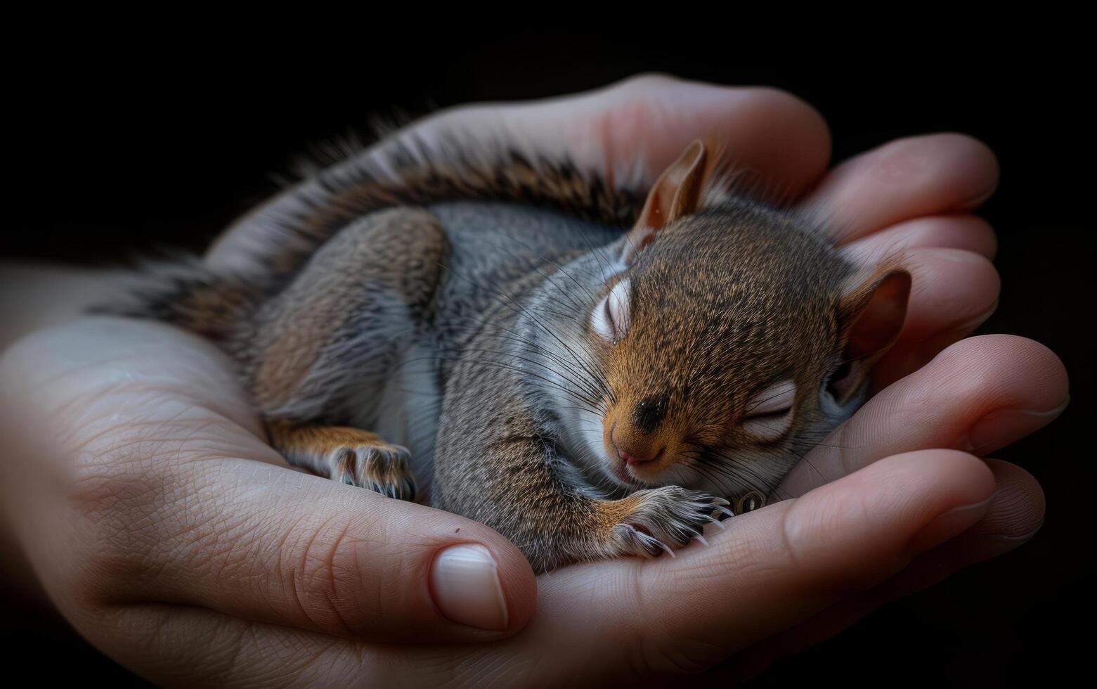 AI generated Newborn Squirrel Nestled in Hands photo