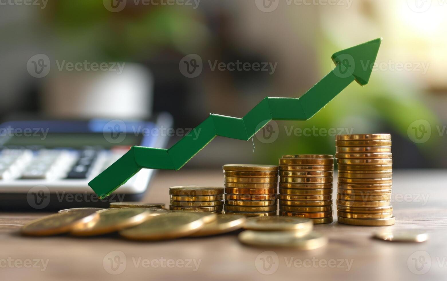 AI generated Stacks of gold coins with a green upward arrow overlay, symbolizing positive financial progress photo