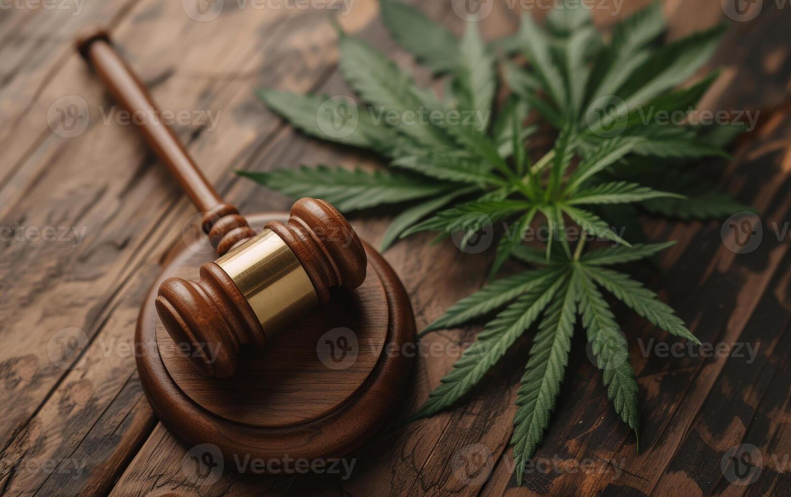 AI generated A symbolic representation of cannabis law with a wooden judge gavel and cannabis leaves photo