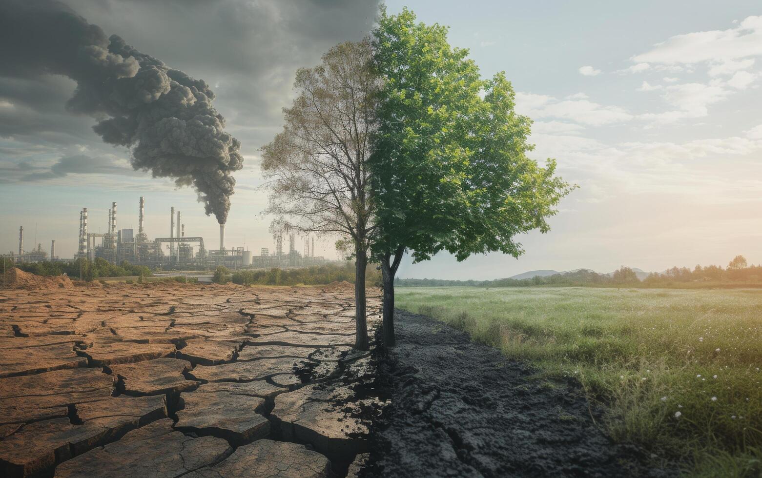 ai generado un soltero lozano verde árbol soportes en el Perímetro de un agrietado, estéril tierra y un vibrante herboso campo foto